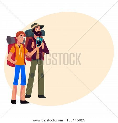 Two pretty girls travelling, hitchhiking with backpacks and camera, cartoon illustration on background with place for text. male backpackers, hitchhikers, friends travelling with backpacks and camera
