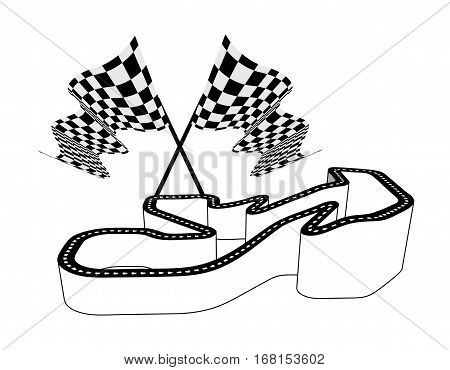 Driving racing circuit with a relief showing the height of the road above sea level. Three-dimensional vector illustration with checkered flag