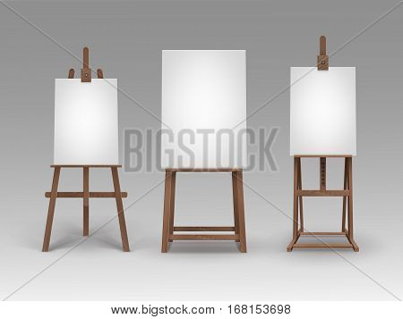 Vector Set of Brown Wooden Easels with Mock Up Empty Blank Vertical Canvases Isolated on Background