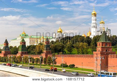 Traffic on the Kremlyovskaya embankment in Moscow Russia