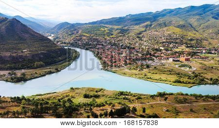 The picturesque landscape with the confluence of the rivers Kura and Aragvi (Mtskheta) in Georgia