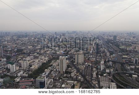 The townscape from above in a cloudy awning bores