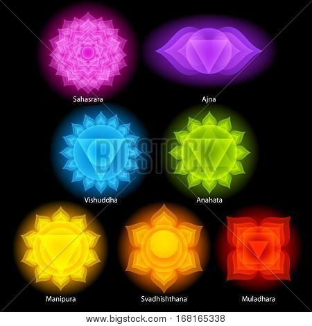 Colorful glow chakras symbols icons set. Spiritual meditation elements vector illustration.