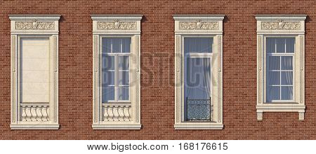 framing of windows in classic style on the brick wall of red color. 3d rendering.