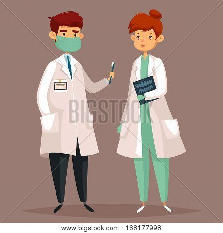 Dentist man with toothbrush and nurse woman with radiography or x-ray of teeth. Professional tooth care doctor and cartoon medicine worker in uniform. Dentistry and profession, hygiene theme