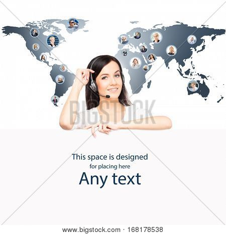 Call center operator working in a hot line office. Customer support and a global business concept. World map with a businesspeople talking to phone.