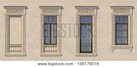 framing of windows in classic style on a wall from a stone. 3d rendering.