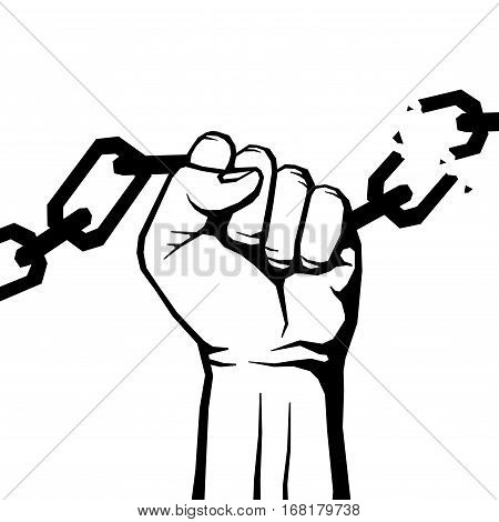 Breaking chain protest, rebel vector poster. Human hand breaking chain illustration