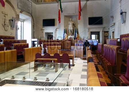 ROME ITALY - JANUARY 29 2017: Municipal policeman in the Aula Giulio Cesare Palazzo Senatorio is the seat of the Roman Council
