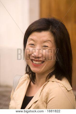 Kvinna, asiatiska, brett leende