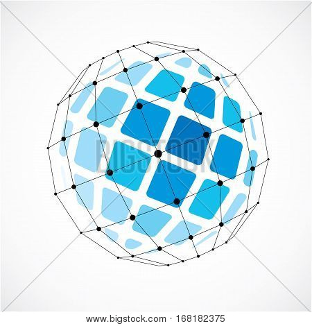 Abstract 3D Faceted Figure With Connected Black Lines And Dots. Vector Low Poly Blue Design Element
