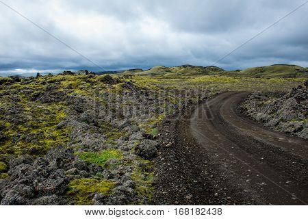 Volcanic landscape in Lakagigar with saturated green moss black volcanic sand and craters on Iceland