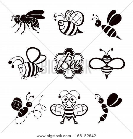 Set of black bee icons isolated on white background, illustration.