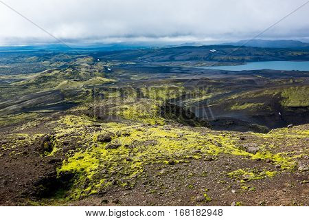 Volcanic landscape in Lakagigar with saturated green moss black volcanic sand and craters on Iceland
