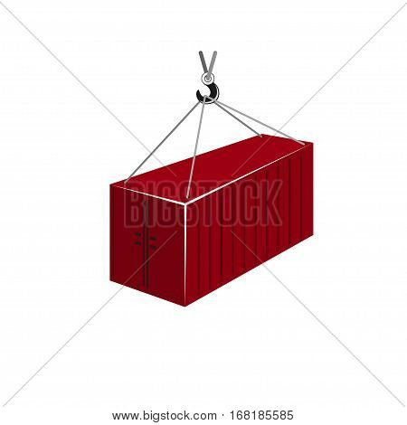 Red Container with Crane Isolated on White, Container Hanging on Crane Hook