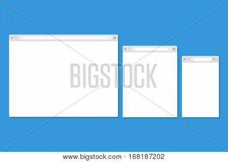 Open Internet browser window in a flat style. Design a simple blank web page. Template Browser window on your PC tablet and mobile phone.