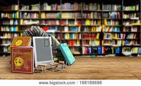 E-book Reader Books And Tablet Library Background 3D Render Success Knowlege Concept