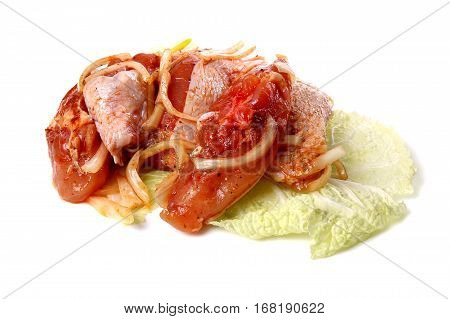 Raw Sliced Meat On A Cabbage Leaf