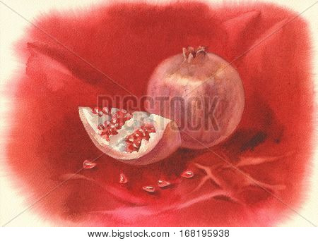 Illustration of ripe pomegranate fruit with seeds. Hand drawn watercolor painting on red background.