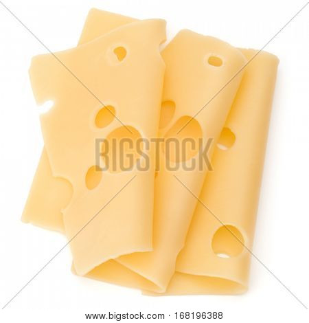 three Cheese slices isolated on white background.
