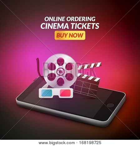 Cinema movie ticket online order concept. Mobile cinema smartphone app or web reservation. Vector illustration.
