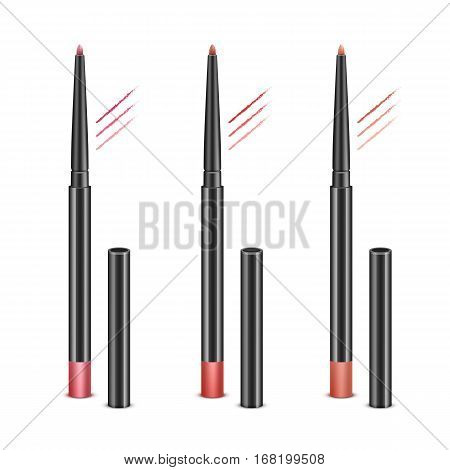 Vector Set of Red Pink Cosmetic Makeup Lip Liner Pencils with without Caps and sample strokes Isolated on White Background