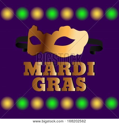 Golden carnival mask on the background of colorful garlands.