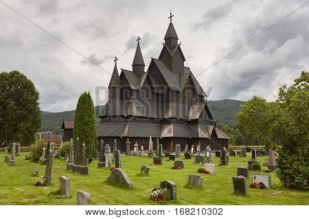 Norwegian stave church. Heddal. Historic building. Norway tourism highlight. Horizontal