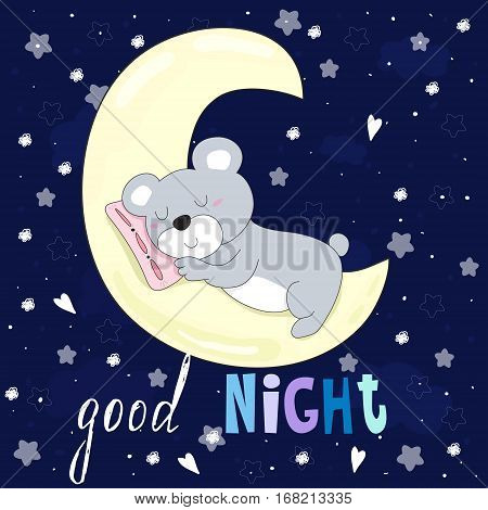 Good night vector card with bear sleep on the moon.