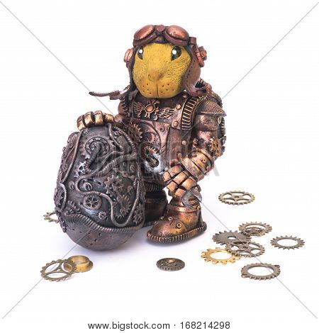 Steampunk robot. Rabbit egg tool. Cyberpunk style. Chrome and bronze parts. Isolated on white.