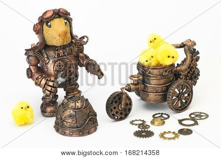 Steampunk robot. Rabbit egg tool. gear and Cyberpunk style. Chrome and bronze parts. Isolated on white.