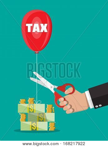 Businessman hand with scissors cutting tax balloon string. Vector illustration in flat style