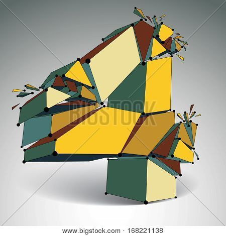 Vector dimensional wireframe number 4 colorful demolished numeration with fragments. 3d mesh technology element broken into pieces.