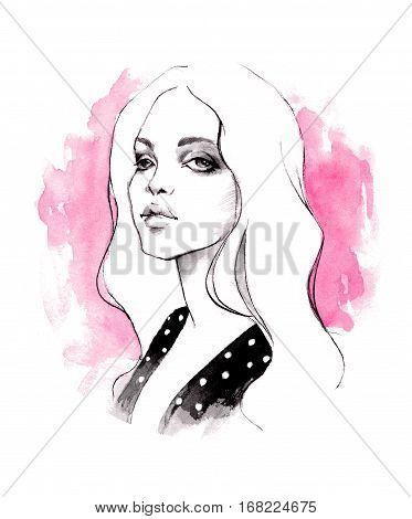 Blonde on pink. Beautiful watercolor female face