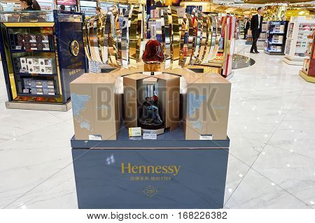 MACAO - CIRCA FEBRUARY, 2016: Hennessy bottle displayed in a store at Macao International Airport. Hennessy, is a cognac house with headquarters in Cognac, France.