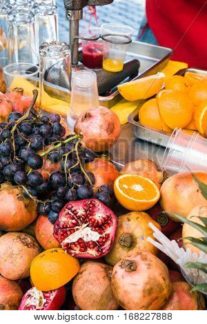 mobile stand with fresh fruits for preparing natural juice on street in Istanbul city