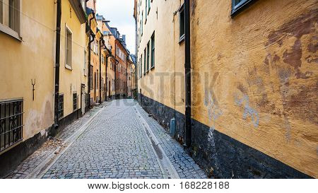 pedestrian street Prastgatan (Priest's street) in Old Town Galma Stan in Stockholm city