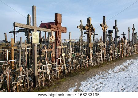 Hill of Crosses Siauliai Lithuania. Jurgaiciai (Domantai) mound often called the "Hill of Crosses". On the hill thousands of crosses imported not only from different places in Lithuania but also from abroad (and therefore called the Hill of Crosses). In t