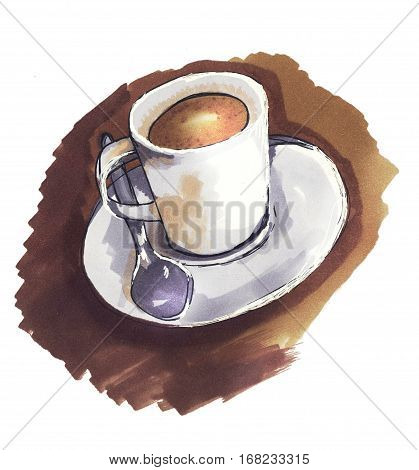 A Cup of Coffee. coffee background. watercolor. marker sketch