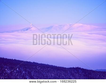 Winter Mountain Peak With Observatory Above Mist