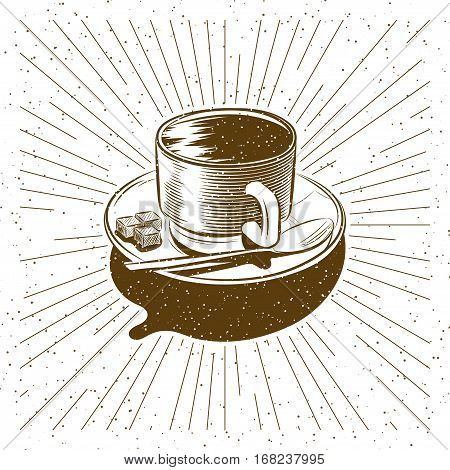 Vector illustrations of coffee cup in vintage colour style on a saucer with a spoon and pieces of sugar.