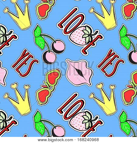 Vector pattern. The combined image of female lips, love, strawberry, cherry, a crown and other elements.Vector background with stickers, pins, patches in cartoon 80 - 90s comic style