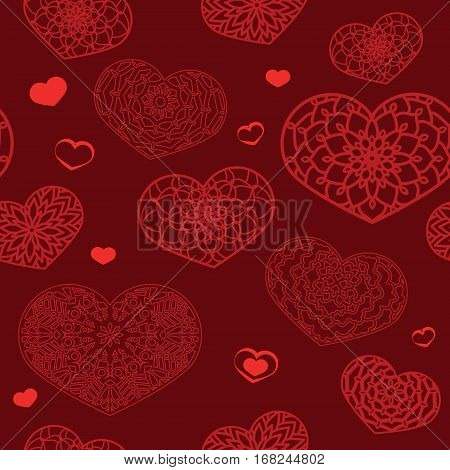 Seamless Colored Pattern With Ornamental Hearts In Red Colors. S
