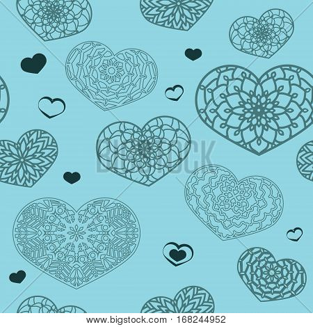 Seamless Colored Pattern With Ornamental Hearts In Blue Colors.