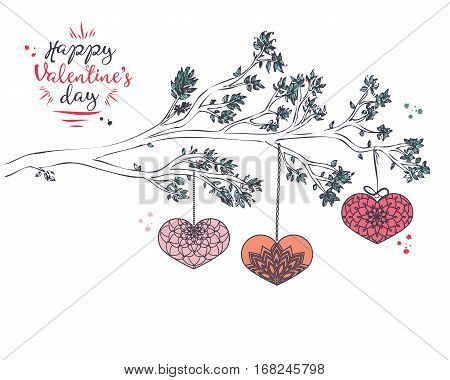 Hand Drawn Branch With Leaves And Ornamental Heart With Inked Dr
