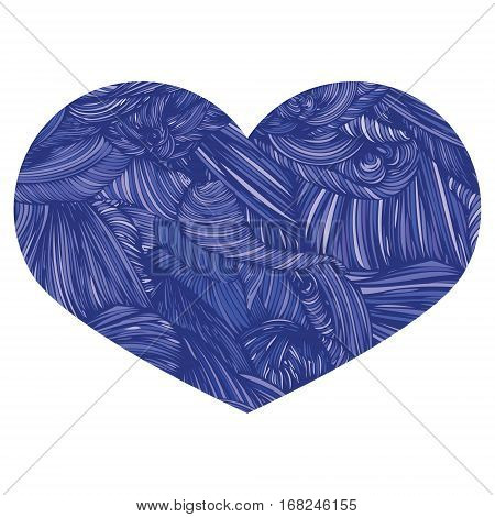 Vivid Ornamental Heart In Blue. Ink Drawing Heart With Wave Patt
