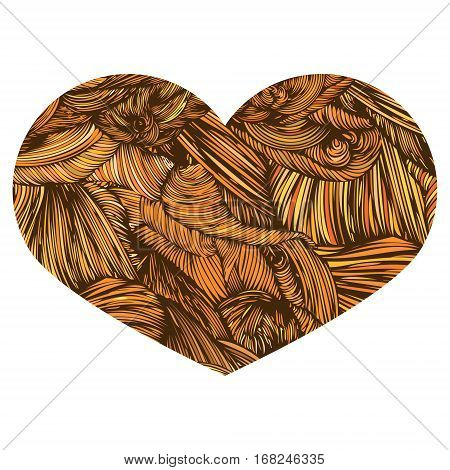 Vivid Ornamental Heart in orange. Ink drawing heart with wave pattern. Doodle Style hand drawn Vintage ornate design element for Valentine's Day or Wedding. Stock Vector. Colorful.