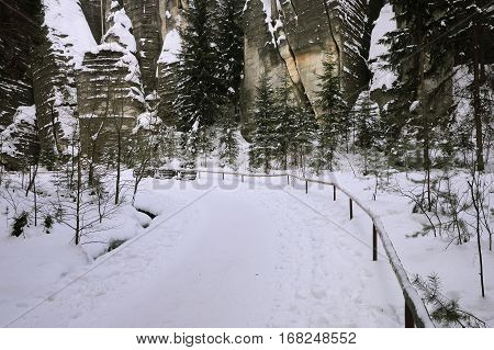 View of the sandstone Pillars in winter. Teplice-Adrspach Rock Town. Rocky town in Adrspach - National Nature Reserve in the Czech Republic Europe