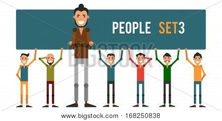 Set of funny people 3 isolated on a white background. Different gestures and styles of clothes. Icons of guys in flat style. Vector illustration.