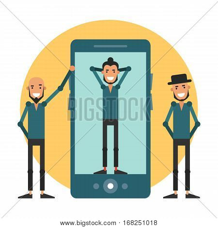 Advertising a fashion app for the smartphone. Cartoon hipsters in flat style. Vector illustration on a white background.
